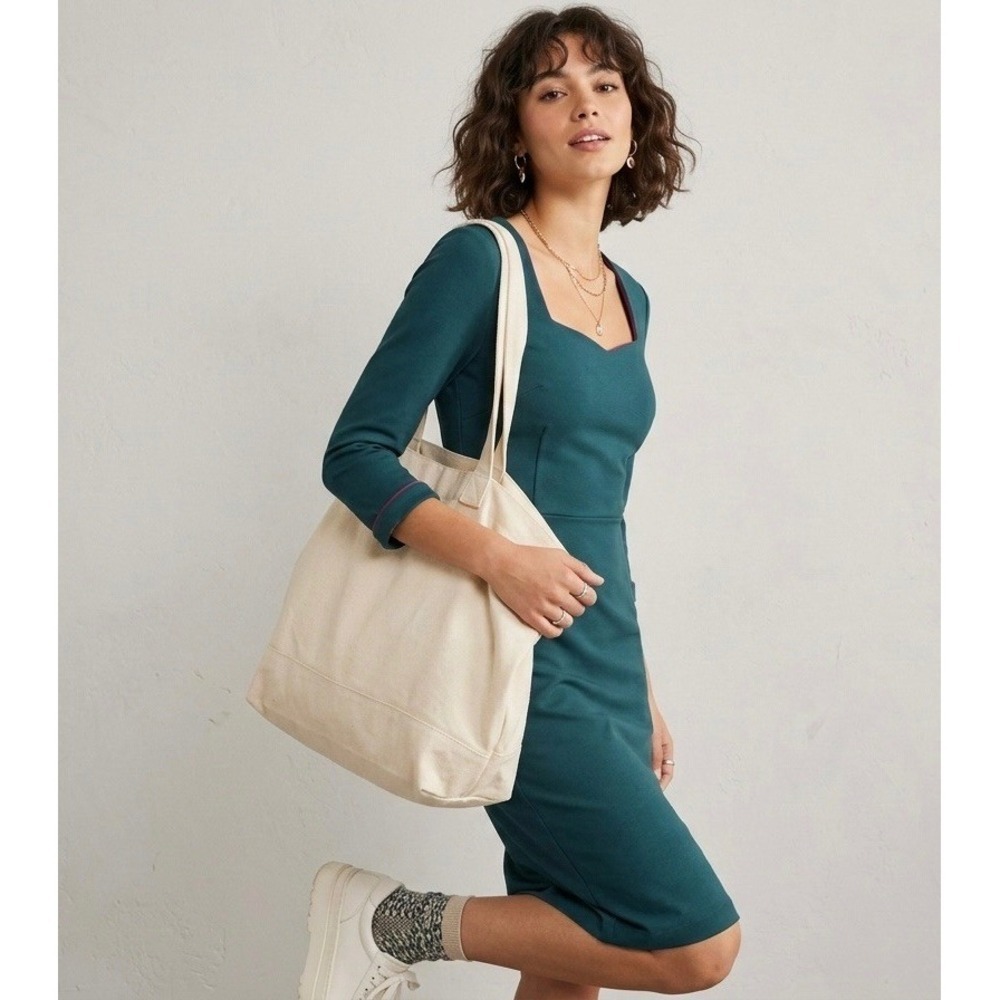 Boden Teal Green Ponte Sheath Dress Square Sweetheart Neck 3/4 Sleeve US 8R